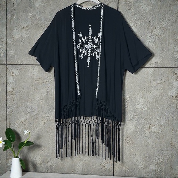 Love Tree Happens Open Tribal/Western Embroidered Kimono w/ Fringe Tassels Large - Picture 2 of 16